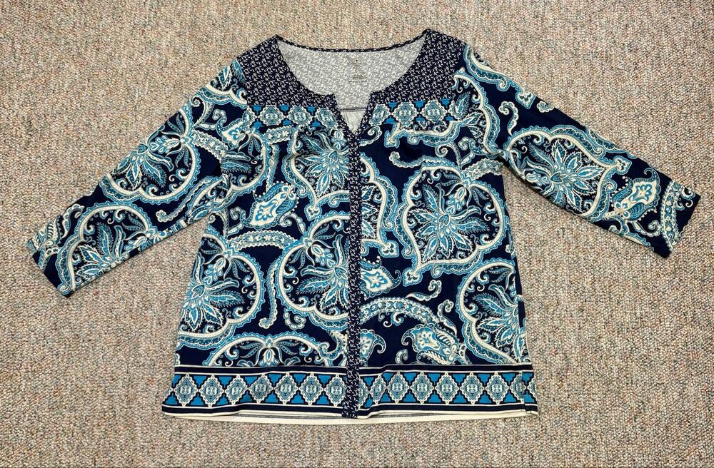 St. John's Bay Vibrant Blue Teal Split Neck Size Large Blouse